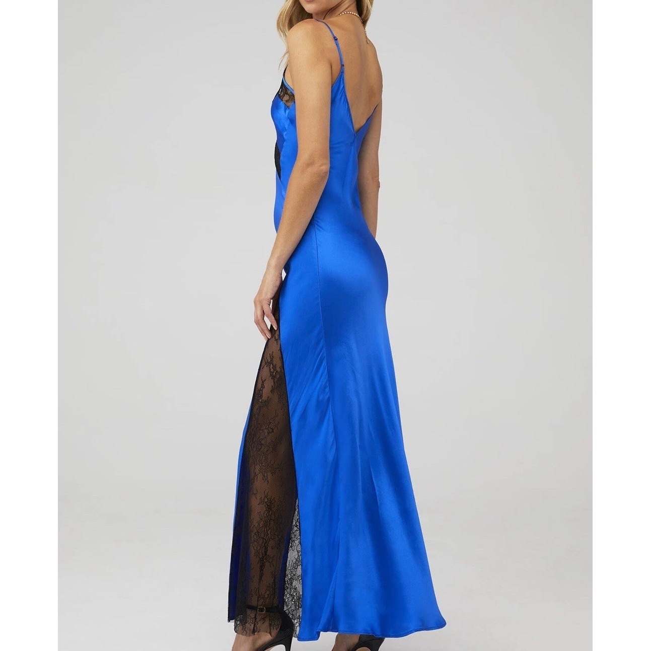 Delfi Collective Alexis Dress Size Small Blue Satin Black Lace Panels Slip Maxi — image 2 of 8